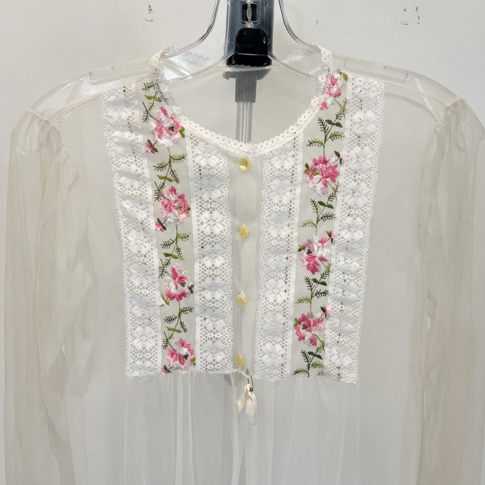 Vintage 70s White Sheer Floral Embroidered Peignoir Robe Coquette Cottagecore S - Picture 4 of 11